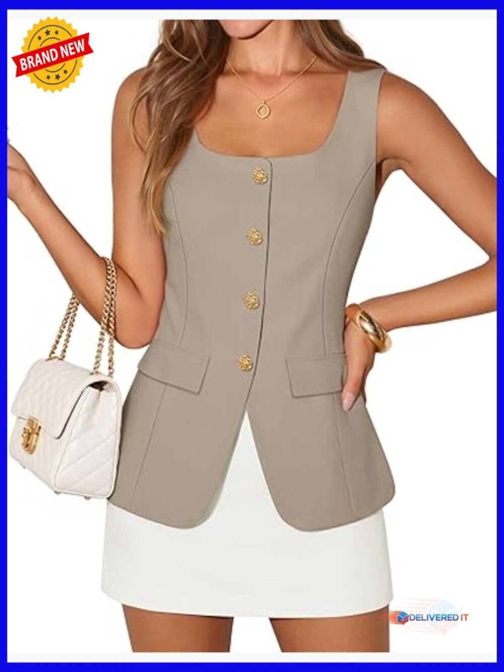 Square Neck Sleeveless Blazer Vest Work Business Waistcoat Open Front Button